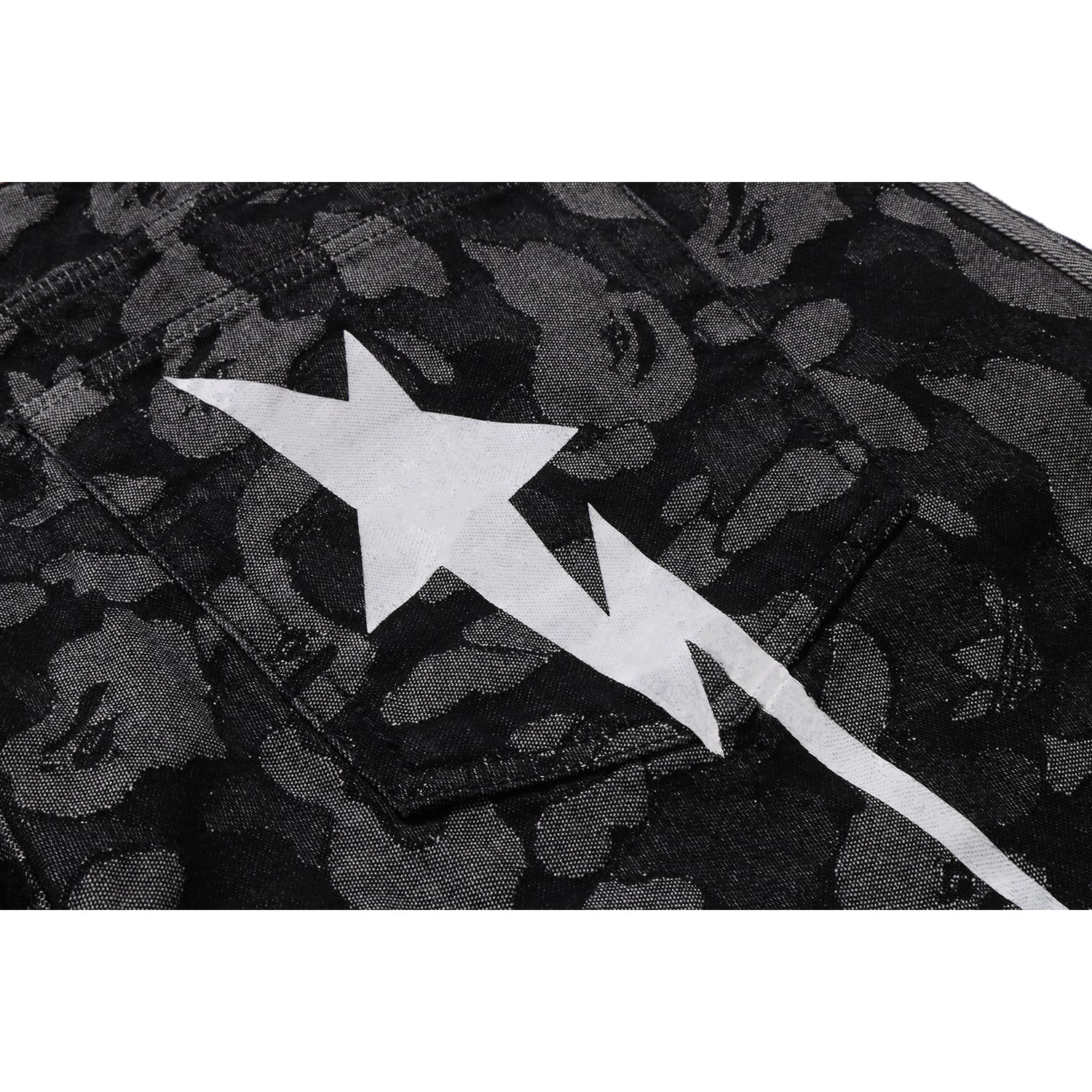 BAPE X ADIDAS CAMO JACQUARD SHARK DENIM JORTS MENS